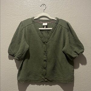 Knox Rose Women's Green Cotton V-Neck Short Sleeve Button Front Blouse Size L